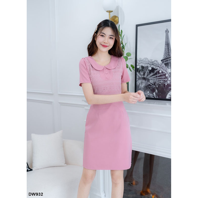 kudapy เดรสสั้นสีแดง/สีฟ้า/สีชมพู คอบัวอกลูกไม้ ใส่ทำงาน ใส่เที่ยวสวยดูดี