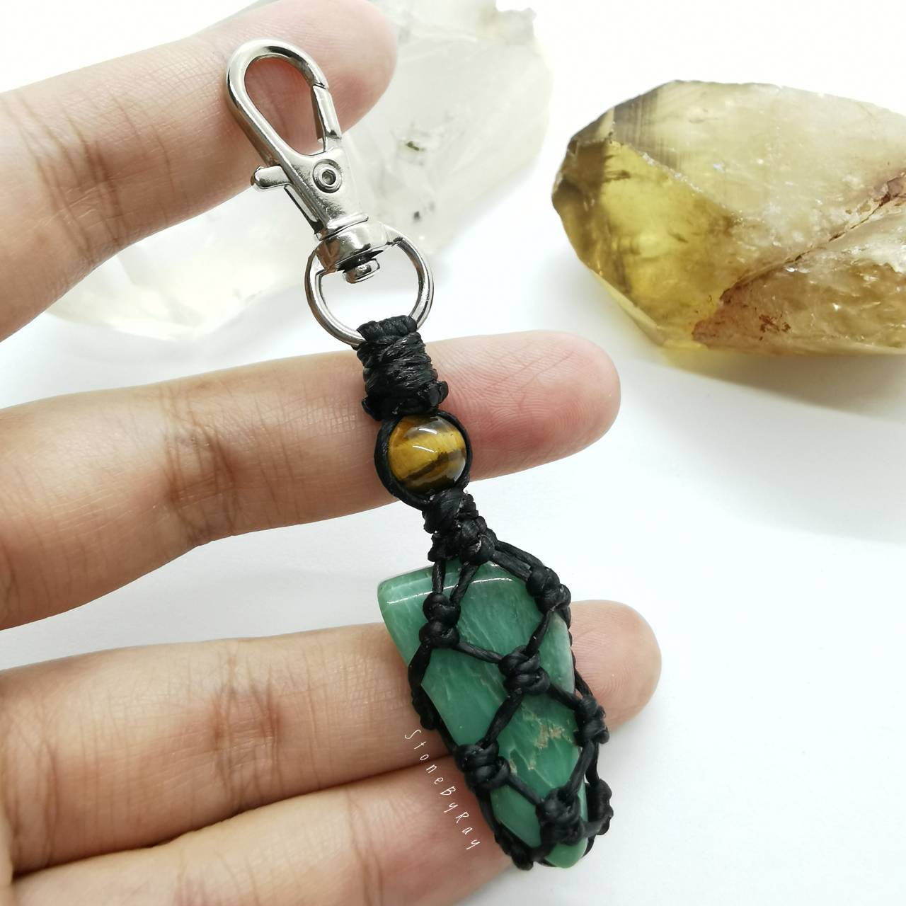 พวงกุญแจหินกรีนเพรสแจสเปอร์กับหินตาเสือ Green Prase Jasper+Tiger eye