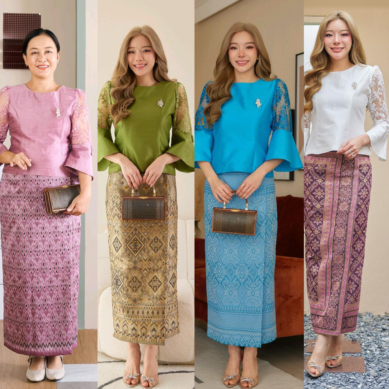 kudapy เสื้อเนื้อผ้าไหม 4 เส้นสีเขียว/สีขาว/สีเทา/สีฟ้า ลูกไม้ฝรั่งเศส สวยดูแพงซ่อนความงามแบบไทย (เฉพาะเสื้อ)