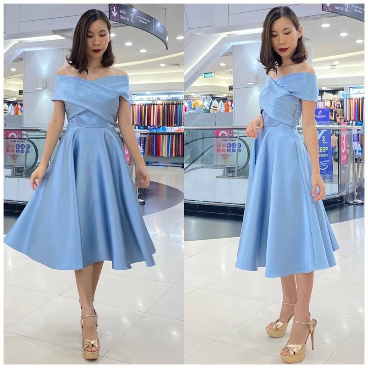 kudapy เดรสสั้นสีชมพู/สีทอง/สีฟ้า/สีเขียวเข้ม/สีส้มอิฐ/สีกรม เปิดบ่าไขว้อกใหญ่ กระโปรงบาน ซิปหลังยาว