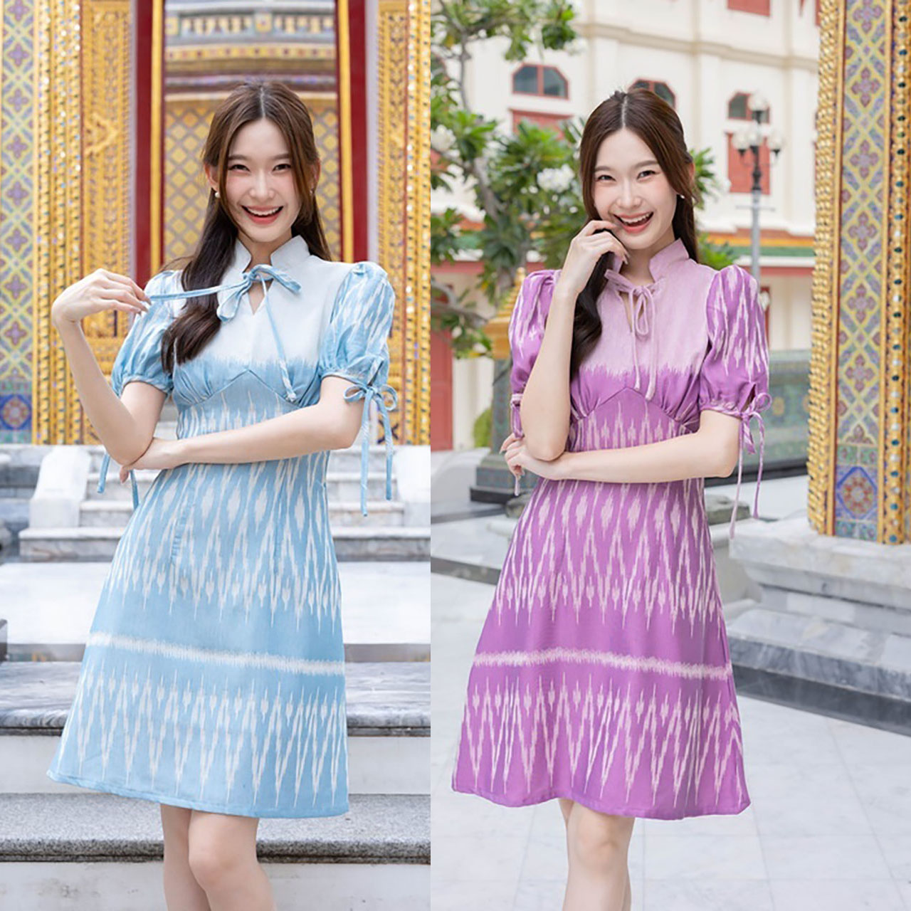 kudapy เดรสสั้นสีฟ้า/สีม่วง ผ้าไทยแขนตุ๊กตาผูกโบว์