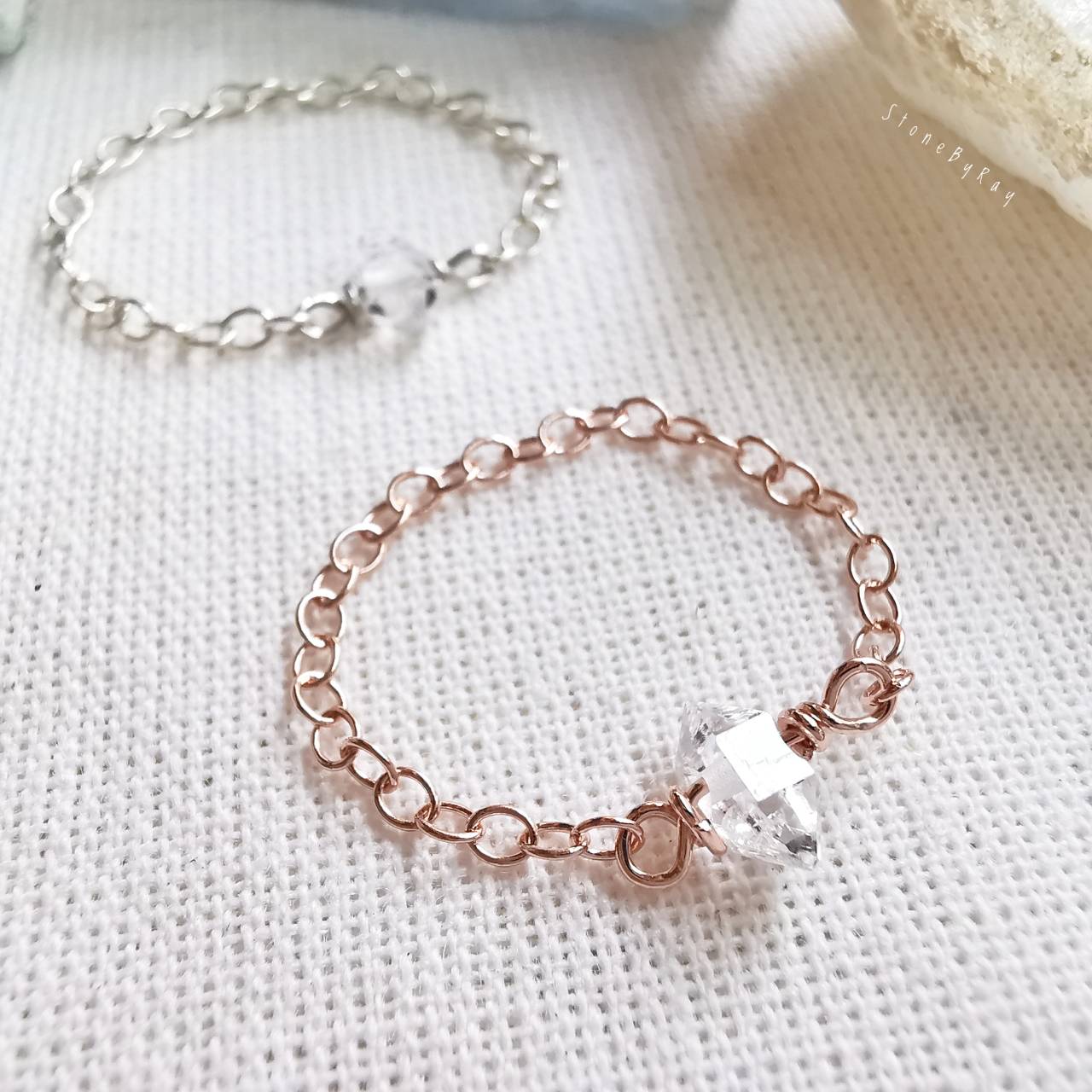 แหวนเงิน+แหวนเงินชุบพิ้งโกลด์หินเฮอร์คิเมอร์ไดม่อน Herkimer Diamond