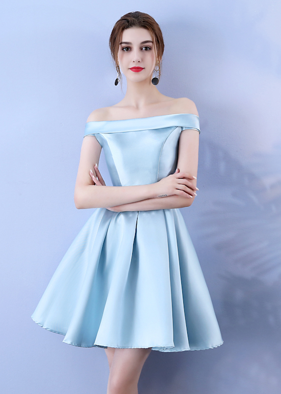 Mini Dress ชุดราตรีสั้นทรงปาดไหล่กระโปรงบานสีฟ้า