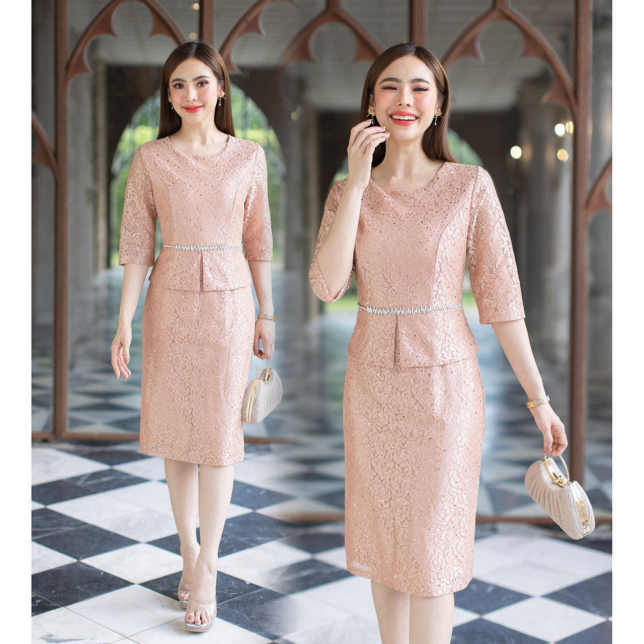 kudapy เดรสสีชมพู /สีโอรส ออกงานสุดหรู ด้านหลังเป็นซิปซ่อน มีซับในทั้งชุด เนื้อผ้าอย่างดี