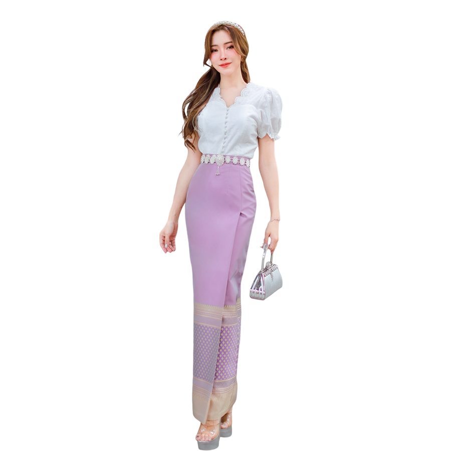 kudapy เสื้อลูกไม้ฉลุสีขาว+ผ้าถุงทอลายสีฟ้า สีชมพู สีกรมท่า งานสวยเข้ารูป ผ้าสวยเนื้อดี ใส่สบาย