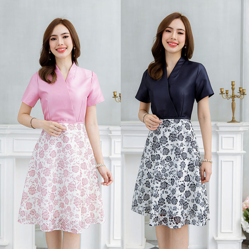 kudapy เดรสสั้นสีชมพู/สีกรม กระโปรงลายดอกสวยดูดี แขนสั้น ใส่ออกงานดูดี