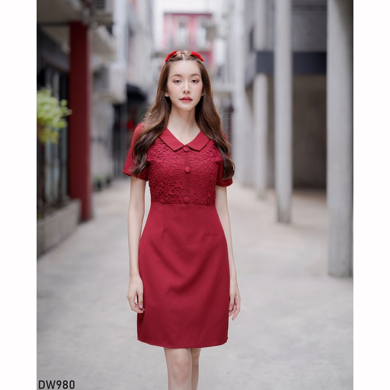 kudapy เดรสสั้นสีแดง ผ้าทออกลูกไม้ ใส่ออกงาน ทำงาน สวยดูดี