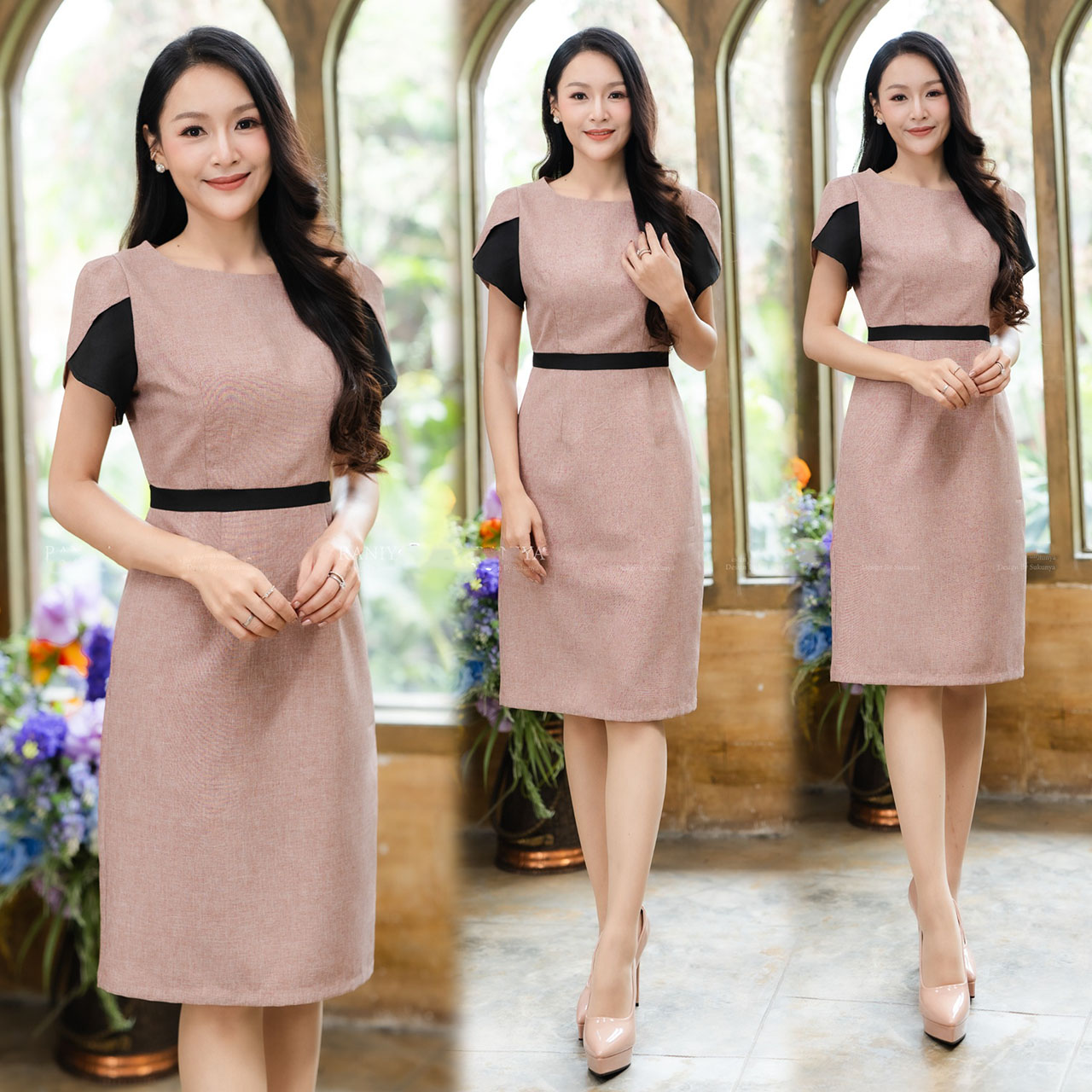 kudapy เดรสสั้นสีเทา/สีน้ำตาลแดง/สีครีม ผ้าซ่าร่าทรงสอบคอกลม เนื้อผ้าไม่แข็งและไม่บาง แขนกลีบบัว
