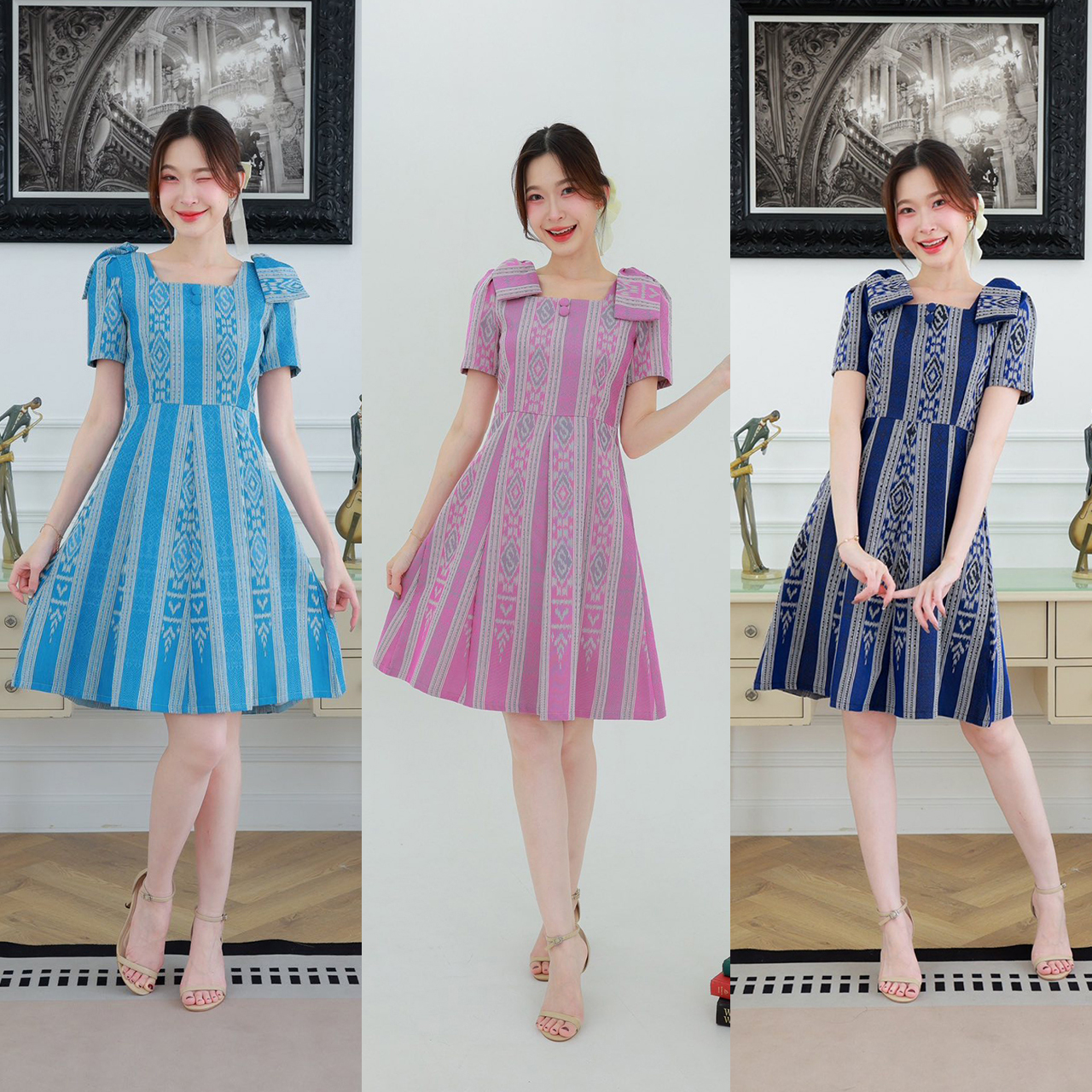 kudapy เดรสลายผ้าไทยแขนสั้นคอเสื้อคอสี่เหลี่ยมแต่งโบว์ที่ไหล่ กระโปรงทรงบา
