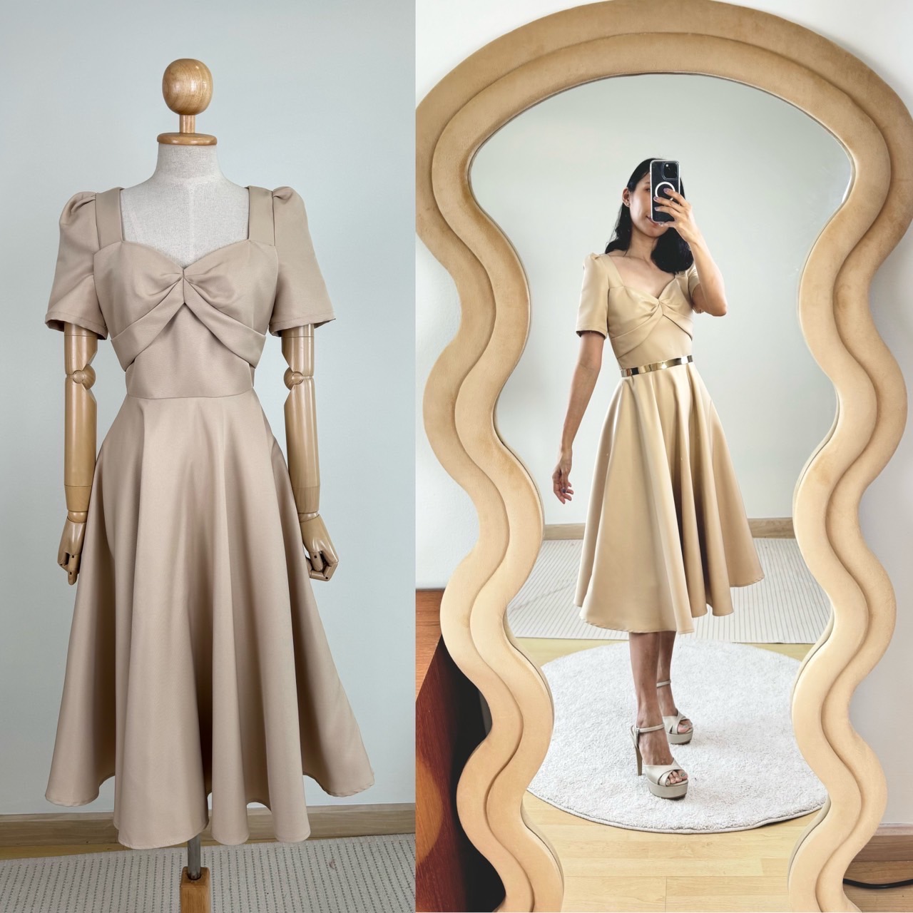 kudapy เดรสแขนสั้น คอเหลี่ยมวี คัตติ้งเริศแบบอลัง เข้ารูป เก็บทรง กระโปรงบานพริ้ว ใช้ผ้าเยอะ เจาะกระเป๋าลึก