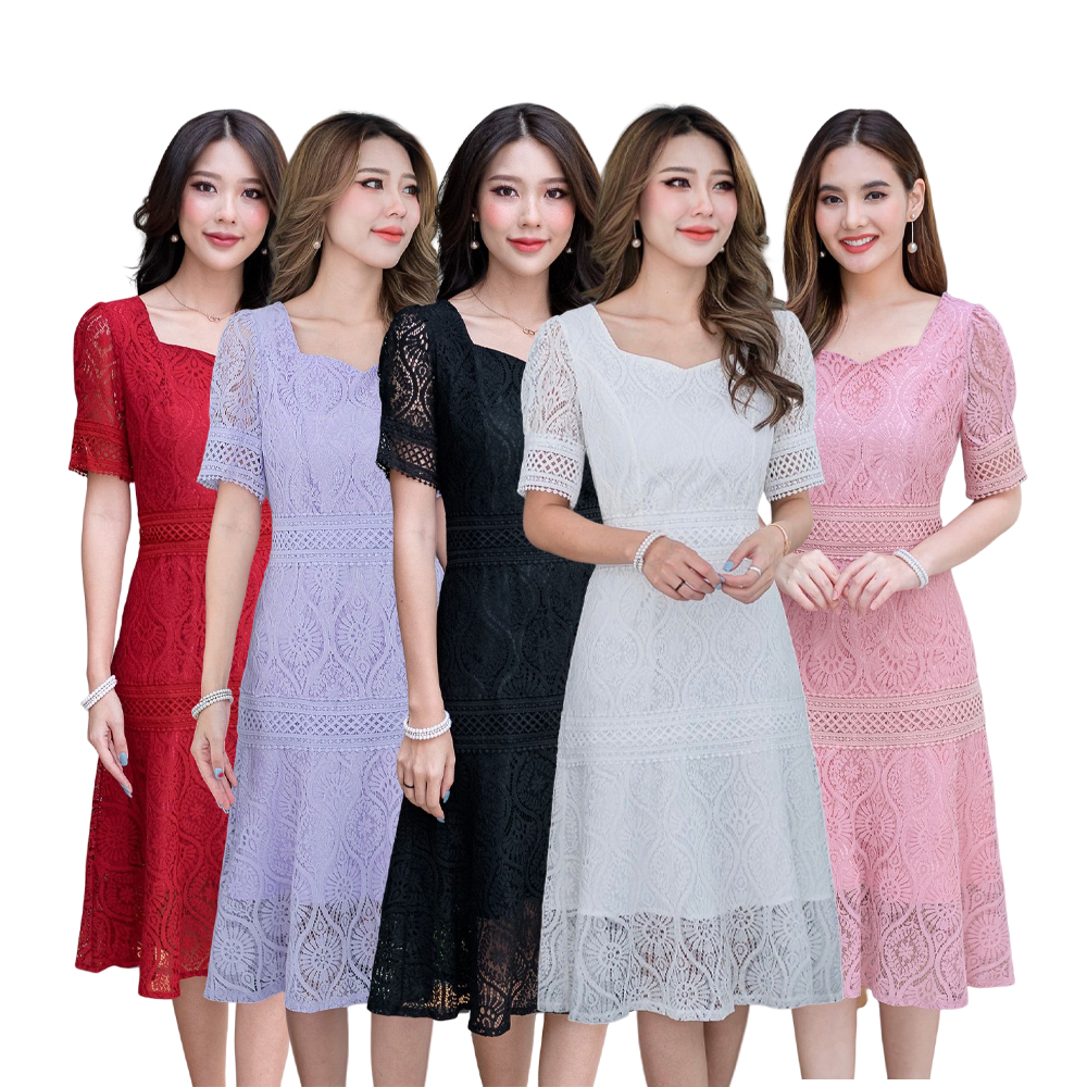 kudapy เดรสสั้นสีชมพู/สีดำ/สีแดง/สีม่วง/สีขาว เดรสผ้าลูกไม้ผ้าดีเนื้อนิ่ม ลายสวย ดีเทลแต่งลูกไม้คาดช่วงเอว และสะโพก