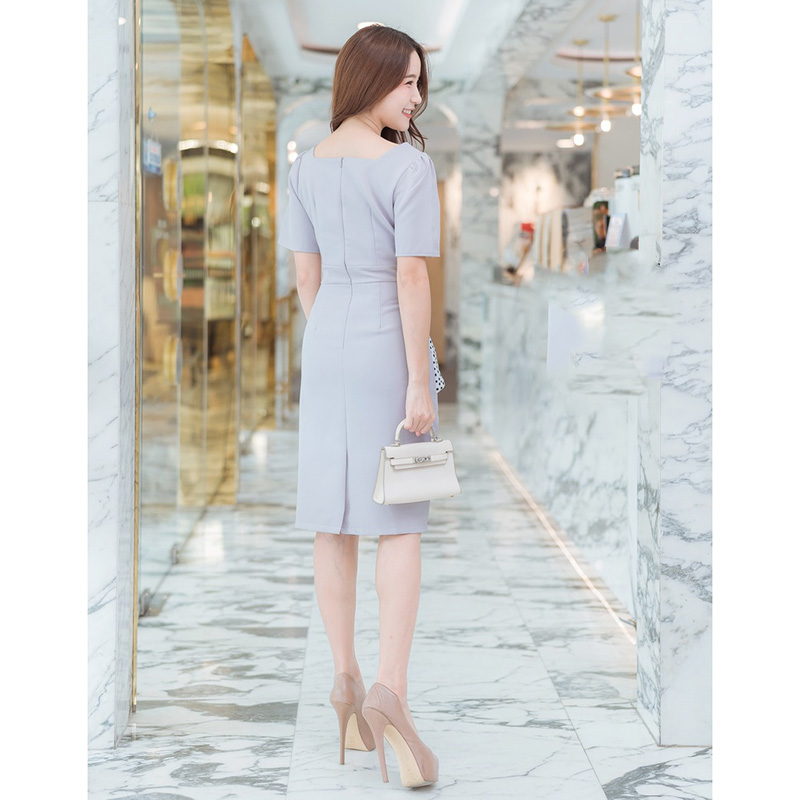 kudapy เดรสสั้นสีเทา,สีชมพู ใส่ทำงานแต่งลายจุดสวยสะดุดตา ดูดีมามากๆ