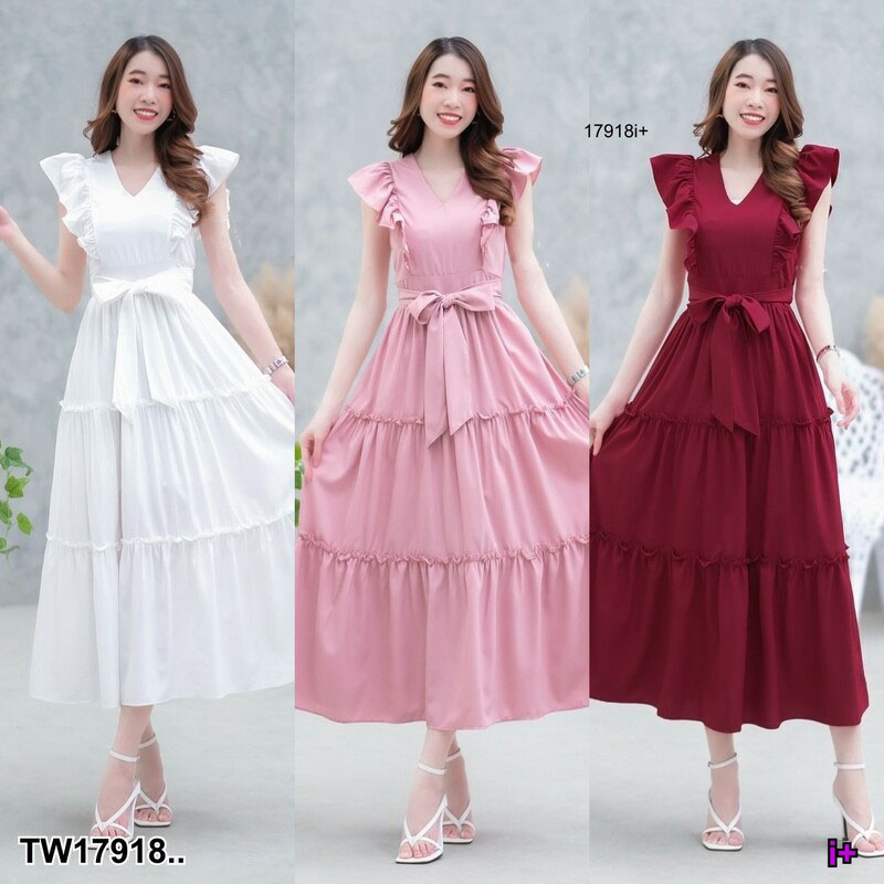 kudapy เดรสยาวสีขาว ชมพู แดง คอวีไหล่ระบาย สีพื้น มีโบว์เอว ผ้าไหมอิตาลี่ ใส่สบาย มีซับใน