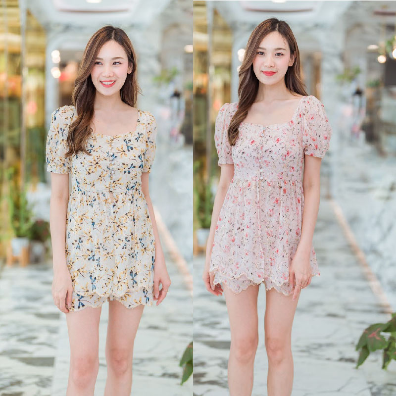 kudapy เซ็ทขาสั้นสีครีม/สีชมพู เสื้อคอเหลี่ยมแขนตุ๊กตา+กางเกง