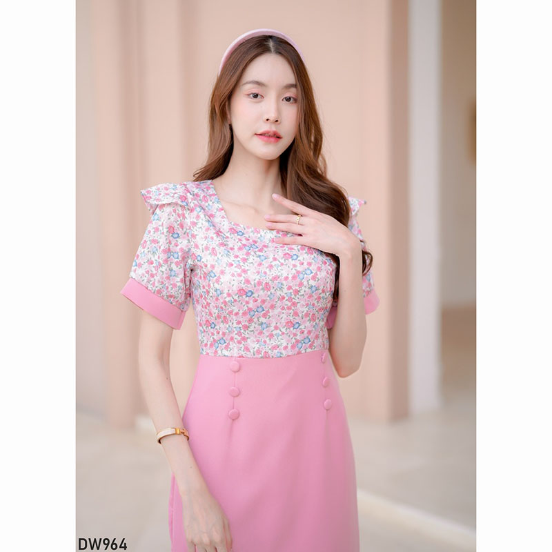 kudapy เดรสสั้นสีม่วง/สีชมพู/สีคราม แขนสั้นลายดอกมีกระดุม