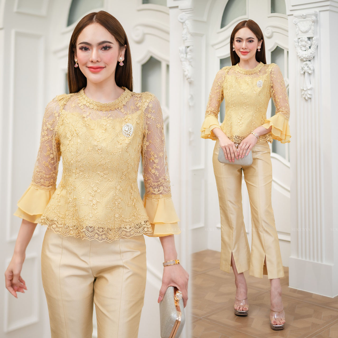 kudapy เสื้อลูกไม้คอกลมแต่งลูกไม้พรีเมี่ยมสีแดง /สีทอง ปักกริสเตอร์บนผ้าลูกไม้ แขนห้าส่วนแต่งแขนกระดิ่ง ตรงปลายแขนเป็นผ้าชีฟอง (เฉพาะเสื้อ)