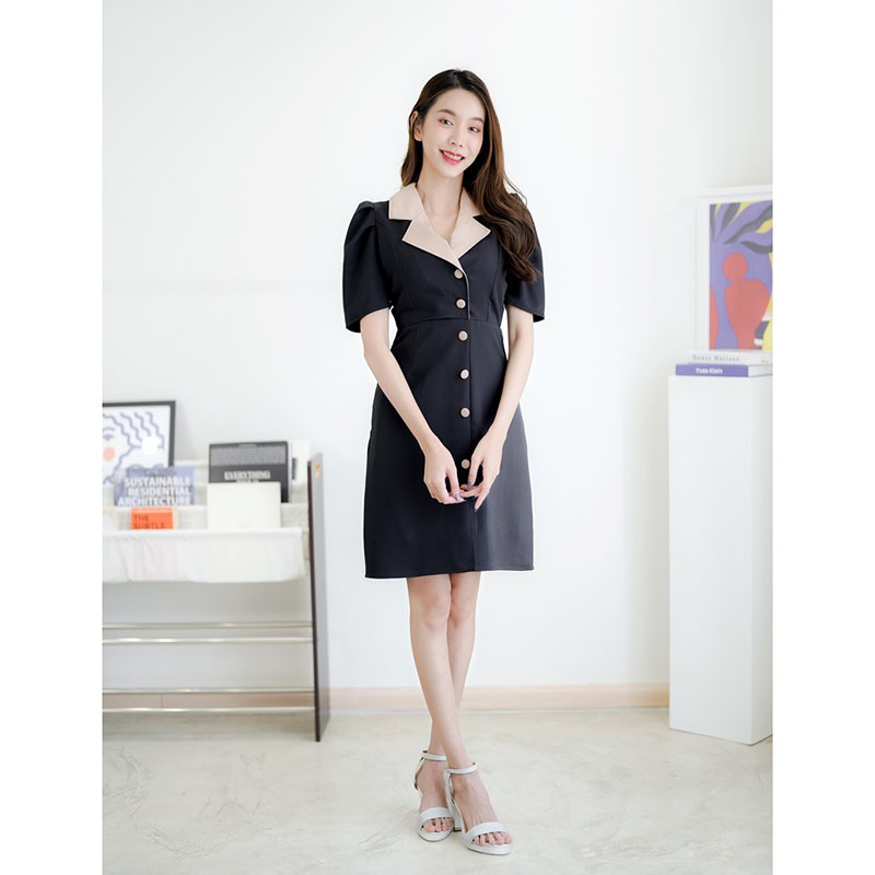 kudapy ดรสสั้นสีดำ/สีแดง/สีกรม ทรงสูทคอปกใส่สบายสวยดูดี