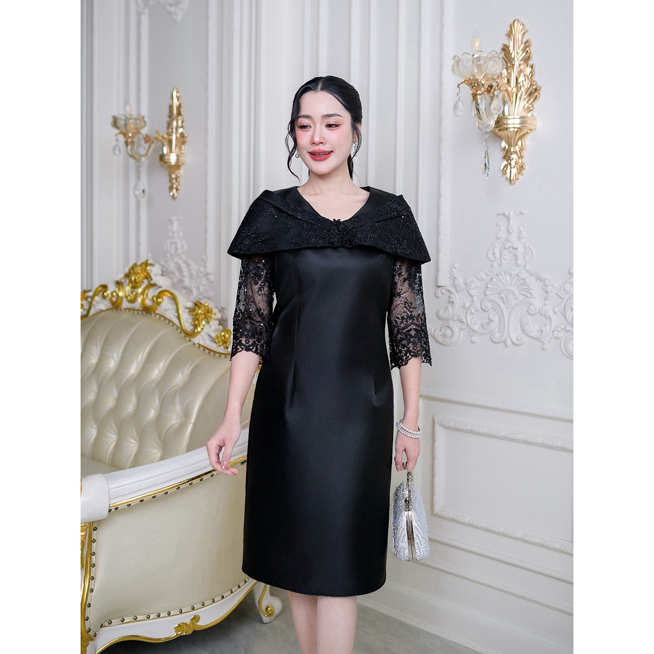 kudapy เดรสผ้าไหมโอบไหล่ งานผ้าสวยพรีเมี่ยมสุดๆ ลูกไม้คัดเกรดดอกสวยชัด