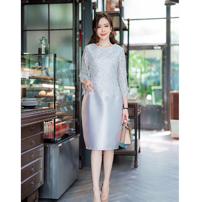 kudapy เดรสสั้นสีเทาเงิน/สีทอง/สีโรสโกลด์ ลูกไม้ปักเลื่อมกลิตเตอร์เนื้อผ้ามันเงางามใส่ออกงาน กระโปรงผ้ามันวาวและเรียบเนียนเป็นเอกลักษณ์
