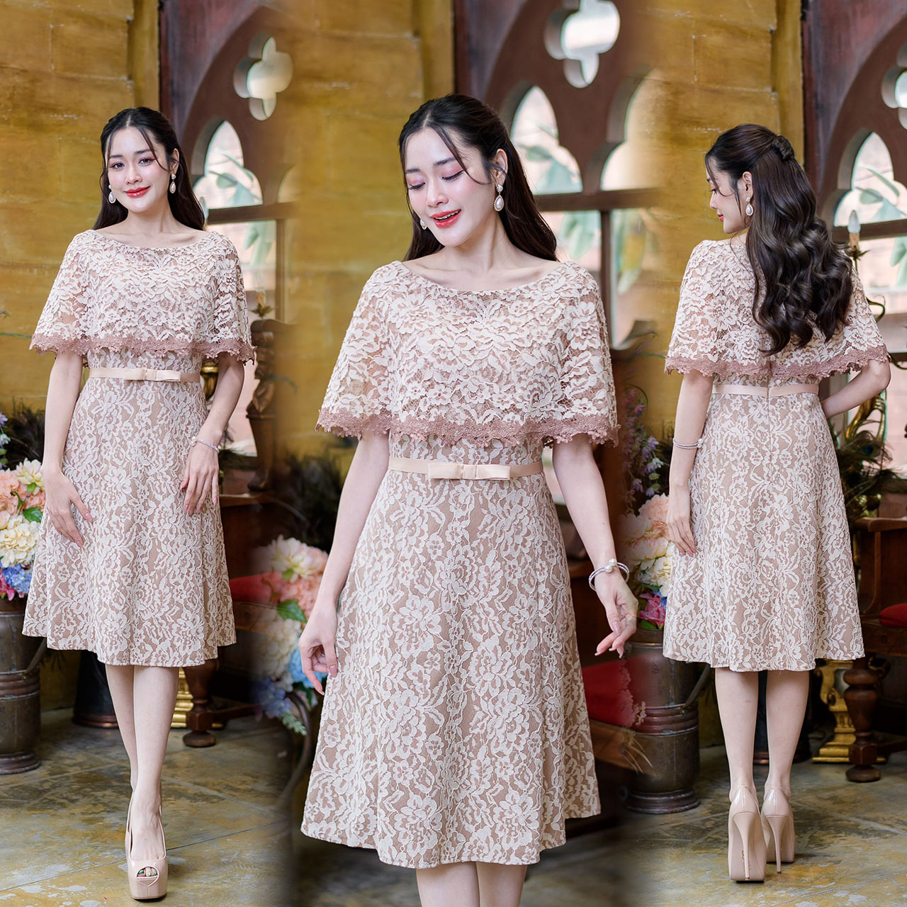 kudapy เดรสสั้นสีทูโทน/ชมพู/น้ำตาล/ทอง/เทา ผ้าลูกไม้อัดกาว ทรงจะสวยได้รูปไม่นิ่มไม่ย้วยจนเกินไป ด้วยผ้าลูกไม้คลุมไหล่