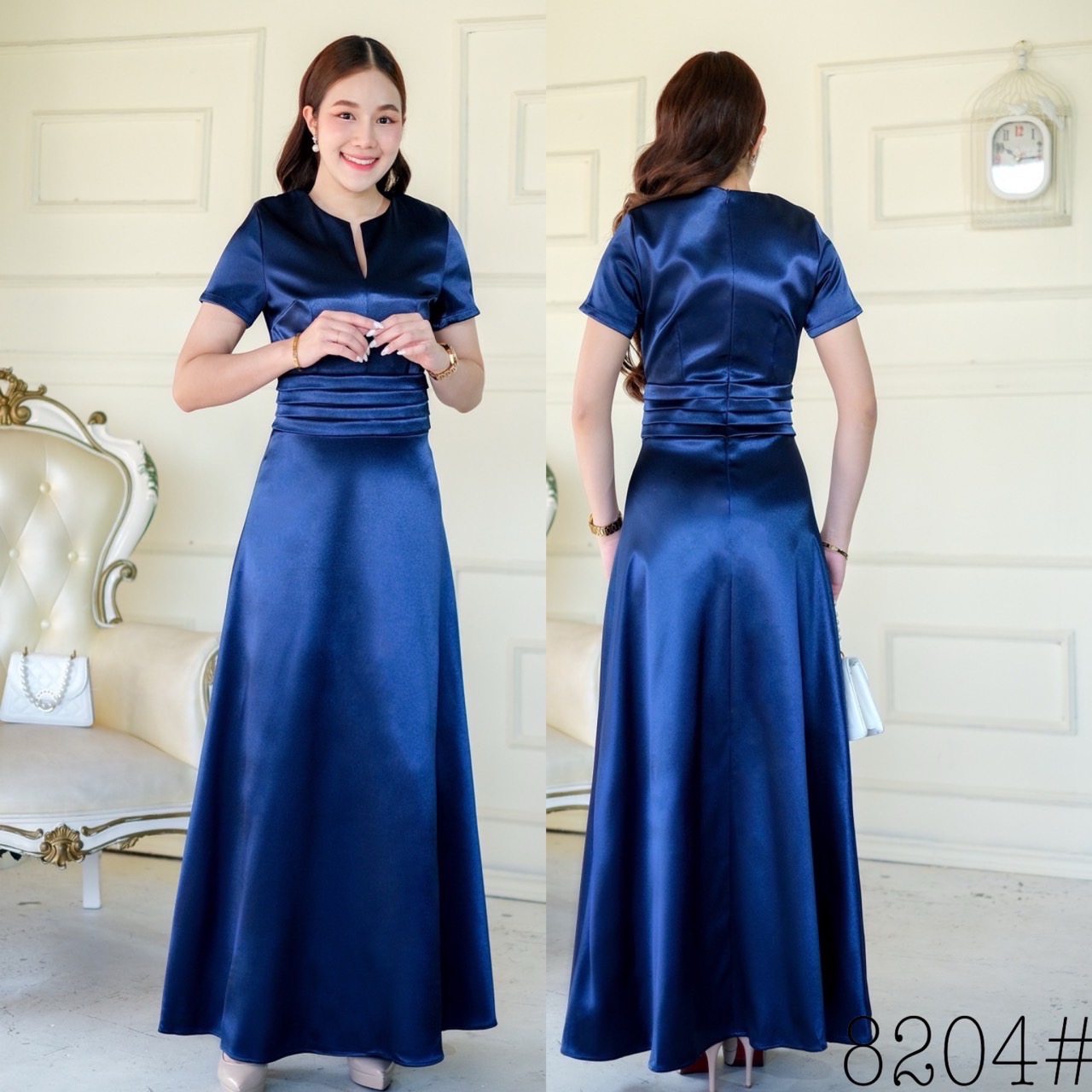 kudapy เดรสราตรียาว คอกลม ผ่าแคบ แขนสั้น ตีเกร็ด5ชั้นช่วงเอว กระโปรงทรงเอ ซิปหลัง ใส่ง่าย