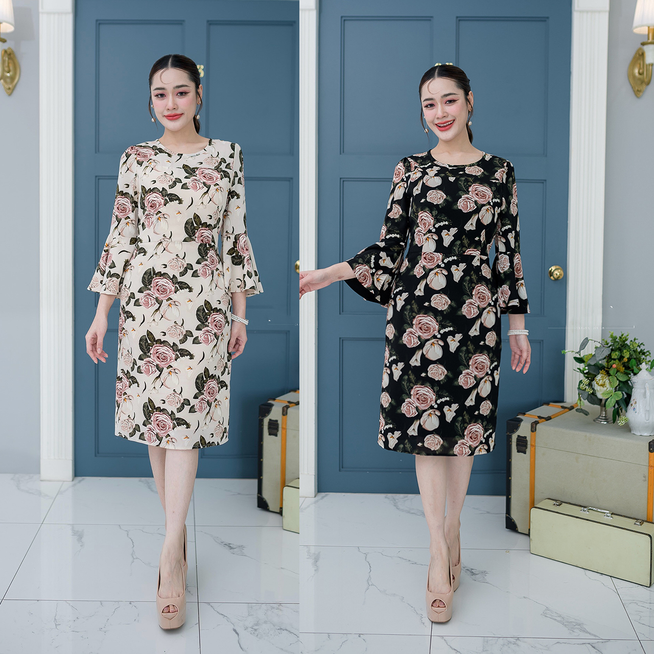 kudapy เดรสสั้นสีครีม/สีดำ แขนระบายทรงสวย เนื้อผ้าลื่นพริ้วใส่สบาย ลายกุหลาบโทนสีสวย แขนระบายมีซับด้านใน