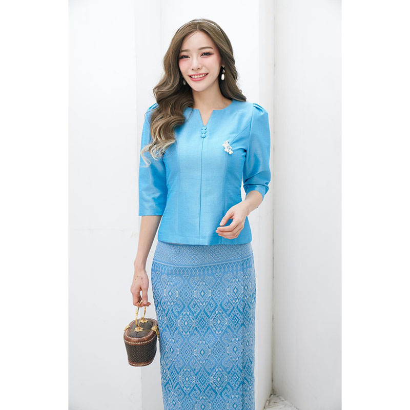 kudapy ชุดเซทชุดไทยประยุกต์สีเขียว/สีฟ้า งานไหม 3 เส้น 4 ตะกอ ใส่ออกงานสวยดูดี คุณนายมากๆ