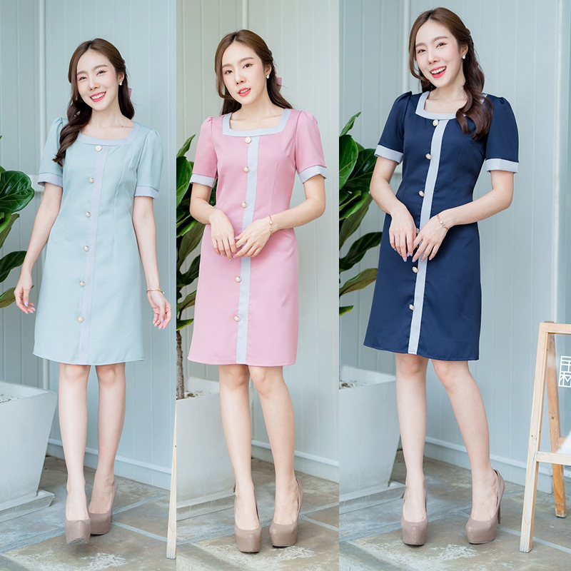 kudapy เดรสสั้นทูโทนคอเหลี่ยมสีชมพู/สีกรม/สีเขียว คอเหลี่ยมกระดุมหน้ายาว