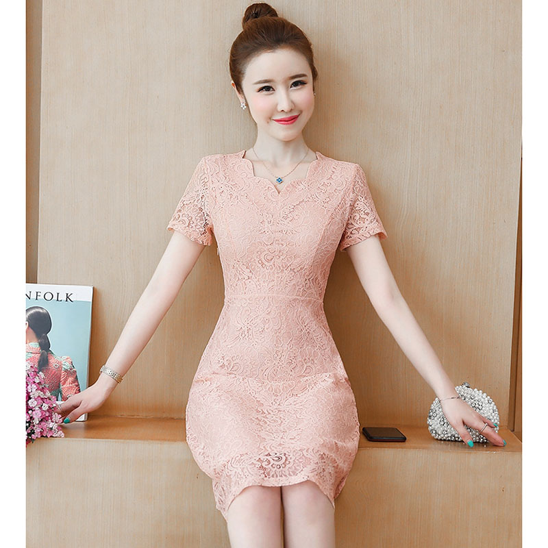 kudapy เดรสลูกไม้สีชมพูโอรส/สีครีม แขนสั้น กระโปรงทรงบานคลุมเข่า แนวเรียบร้อย สวย ดูดี ชุดเดรสทำงาน ชุดเดรสออกงาน