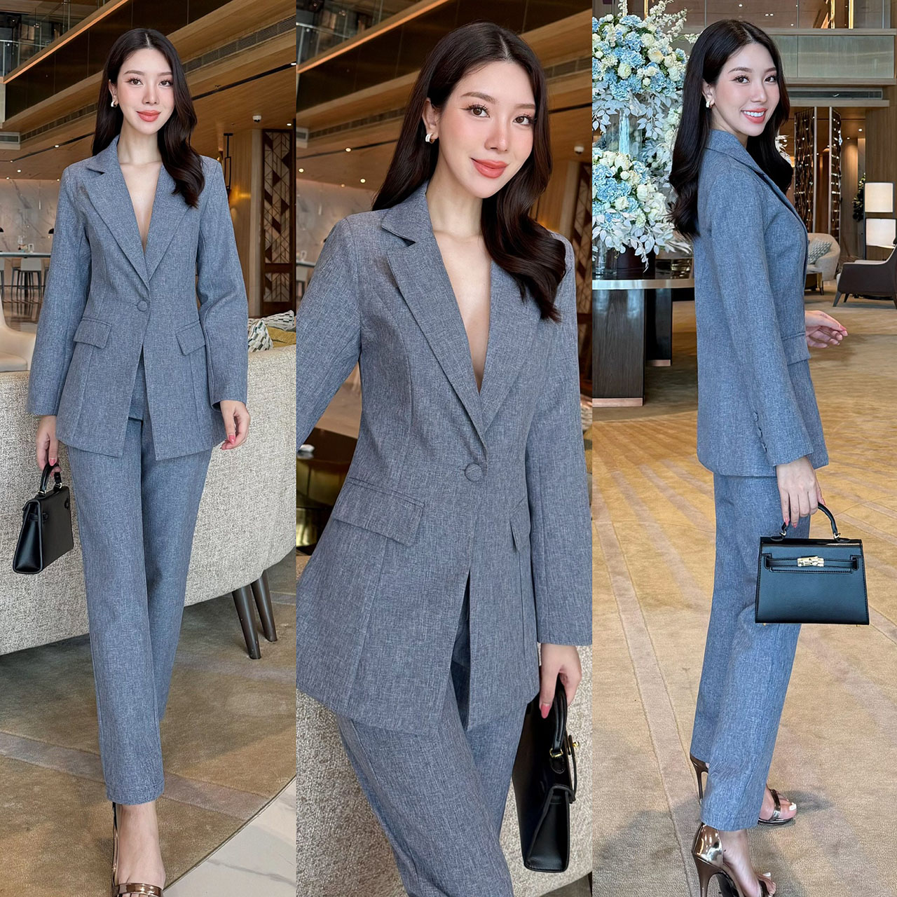 kudapy ชุดสูท สวยคลาสสิคแมทซ์ง่าย คล่องตัว เสื้อสูทมีซับในอย่างดี แต่งกระดุมปั้มผ้าเดียวกับสีชุด มาคู่กับกางเกงขายาวทรงกระบอกเล็กใส่สบาย