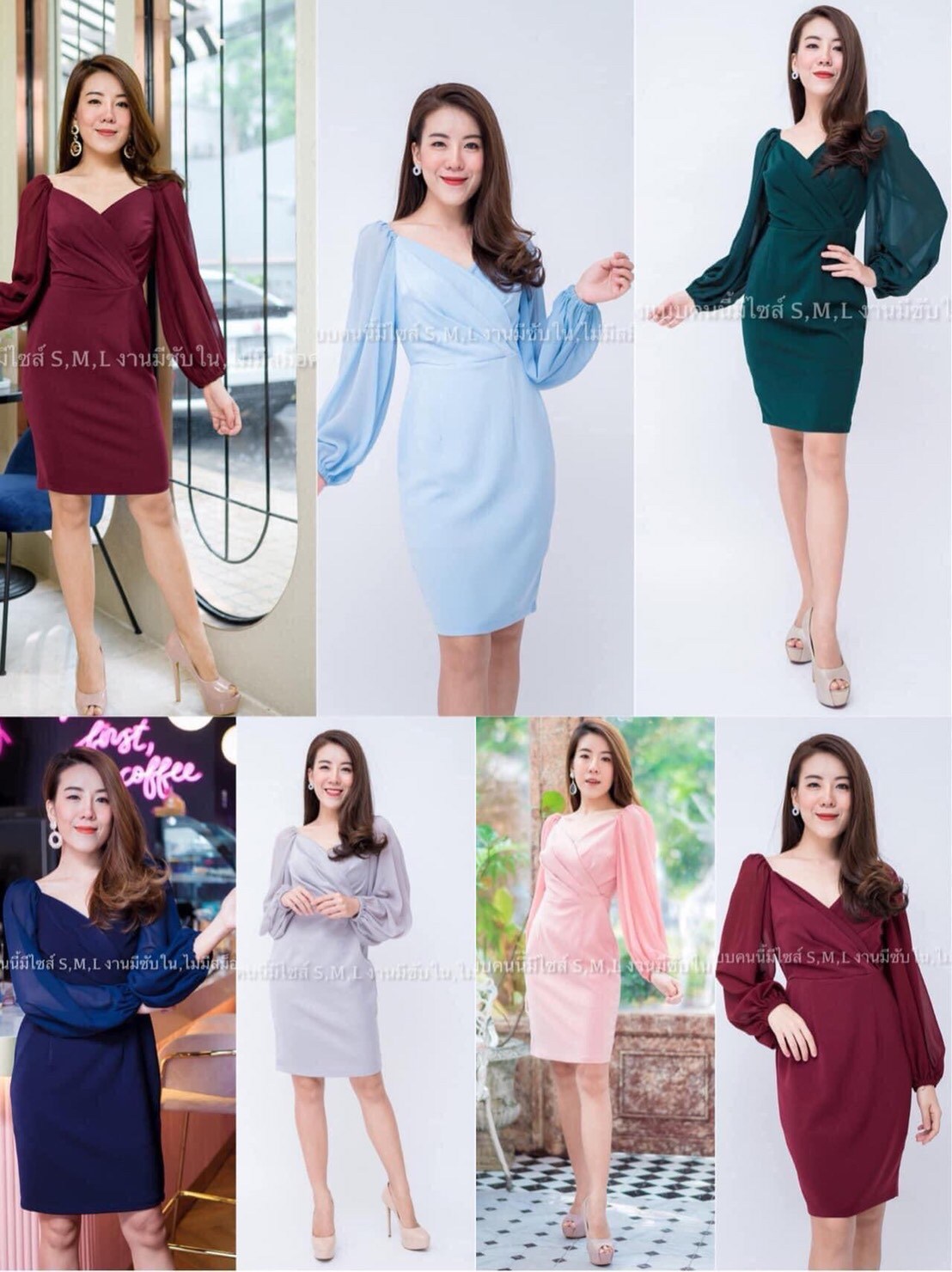 kudapy เดรสสั้นป้ายอก สีแดงเลือดหมู ,กรมท่า ,ขาว ,โอวัลติน เดรสแขนยาวชีฟองดึงยางหัวแขน ผ้าฮานาโกะ