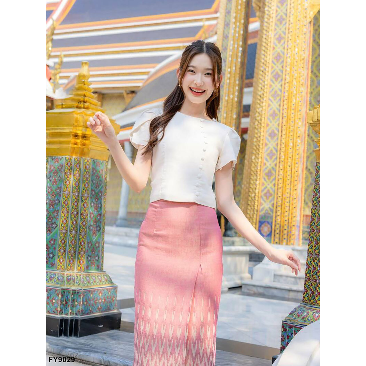 kudapy เซ็ทลิซ่าผ้าถุงลายไทยสีเทา/สีชมพู ใส่ออกงาน ใส่ไปวัด งานบุญ สวยดูดี