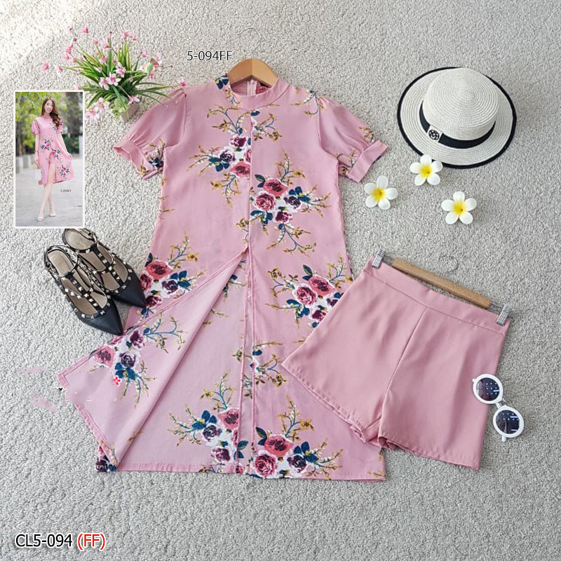 kudapy Set 2 ชิ้น เดรสคอปีนผ่าหน้า แขนตุ๊กตา เนื้อผ้าหางกระรอกพิมพ์ลายดอกกุหลาบ