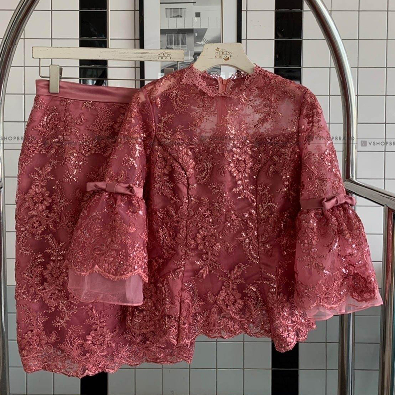 kudapy ชุดไทยประยุกต์ ชุดไปงานบวชสีชมพู/สีแดง เซตเสื้อลูกไม้