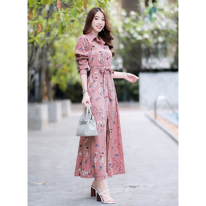kudapyเดรสยาวสีชมพู/นา้ำตาล/เหลือง/กรม เชิ้ตแขนยาว ลายดอก งานเชิ้ตแต่งคอปกกระดุมช่วงหน้ายาว