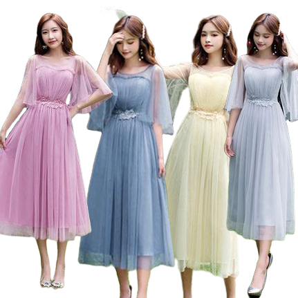 kudapy ชุดเดรสยาวคลุมเข่าใส่ออกงานสีครีม แขนเสื้อระบาย เดรสผ้ามุ้ง 2 ชั้น