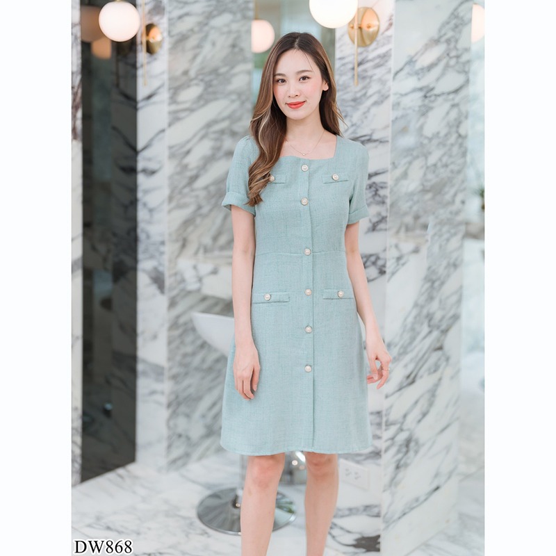 kudapy เดรสสั้นคอลึกสีน้ำตาล/สีชมพู/สีเขียว ทำงานทรงเอคอเหลี่ยมมีกระดุมกลางอก