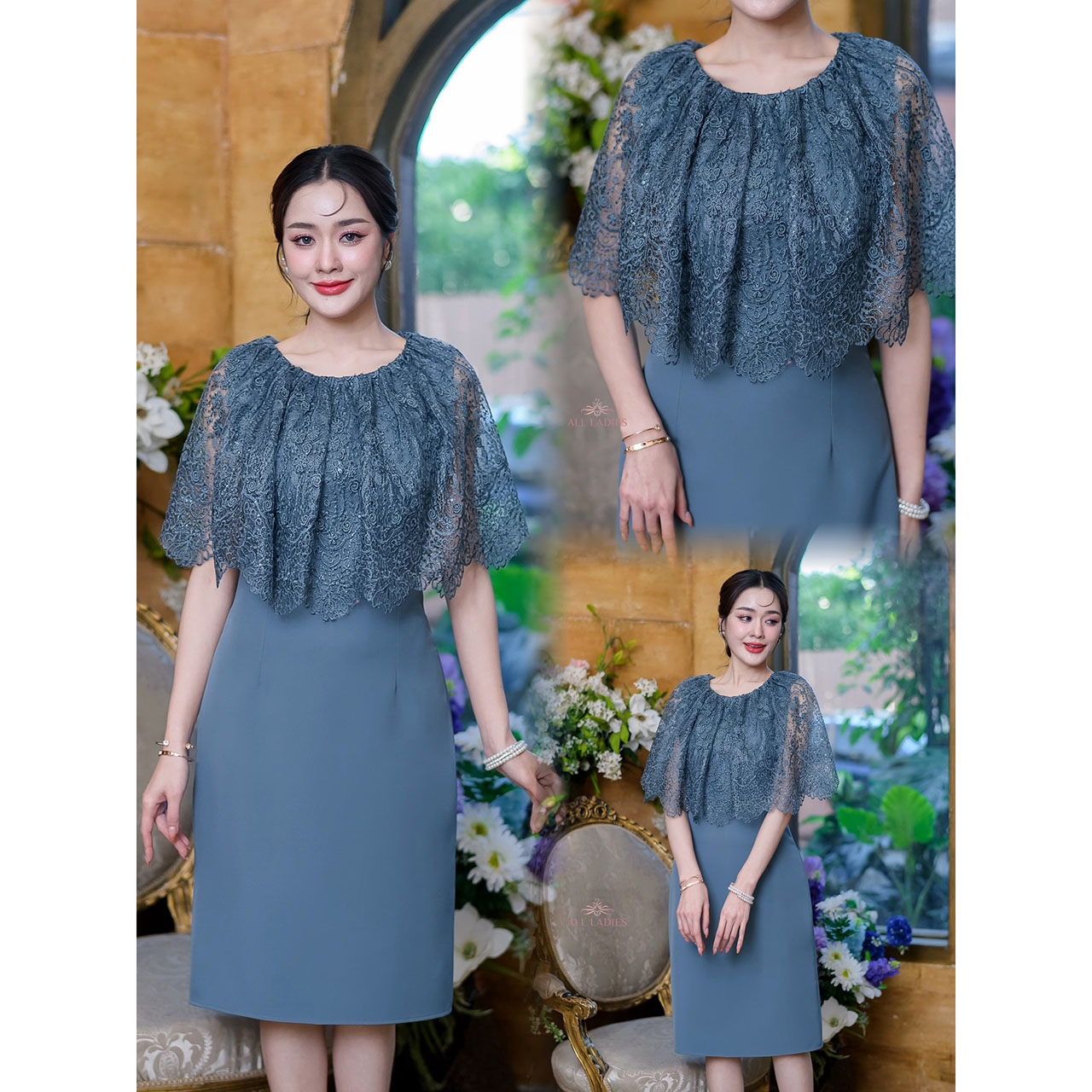 kudapy เดรสสั้นสีชมพู/สีฟ้าคราม/สีปูนแดง ข่วงเสื้อเป็นงานผ้าลูกไม้พรีเมี่ยม สวยหรู เนื้อผ้าทอลายอย่างดี ตกแต่งเลื่อมผ้าจริงสวยมาก