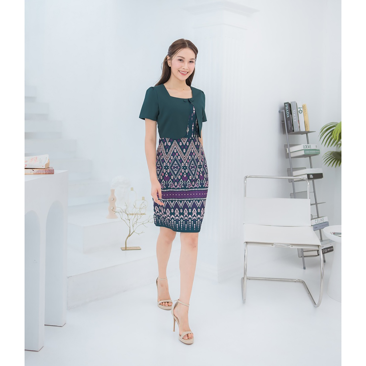 kudapy เดรสสั้นสีชมพู/สีม่วง ผ้าทอกั๊กพื้นกระโปรงลายไทย