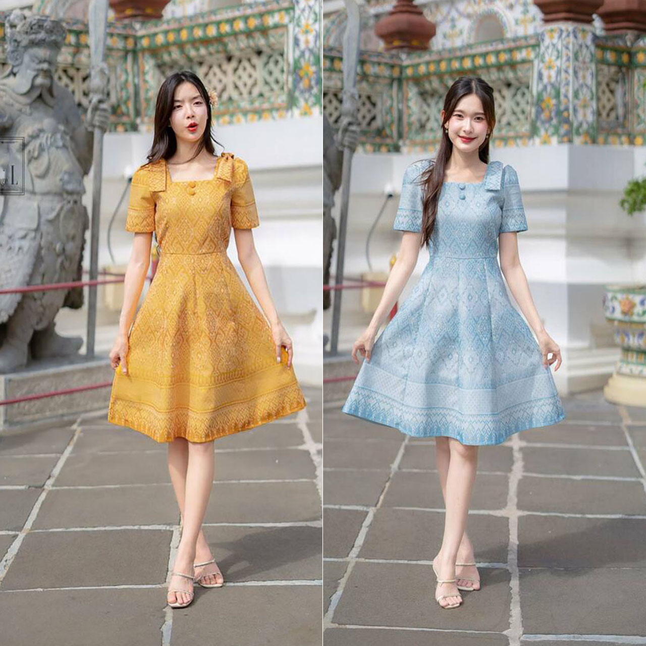 kudapyเดรสสั้นสีเหลือง/สีฟ้า ผ้าลายไทยแต่งโบว์ไหล่