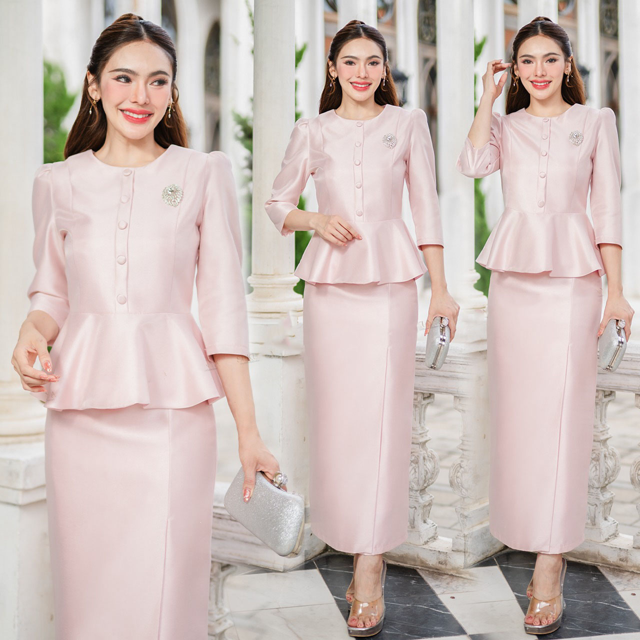 kudapy ชุดเซ็ทงานเสื้อผ้าไหมจิตรลดา คอกลม แขนทรงกระบอก แต่งกระดุมหน้า เอวระบาย อัดกาวบุซับในอย่างดี ใส่สบาย มาพร้อมซิปซ่อนหลังรูดง่าย