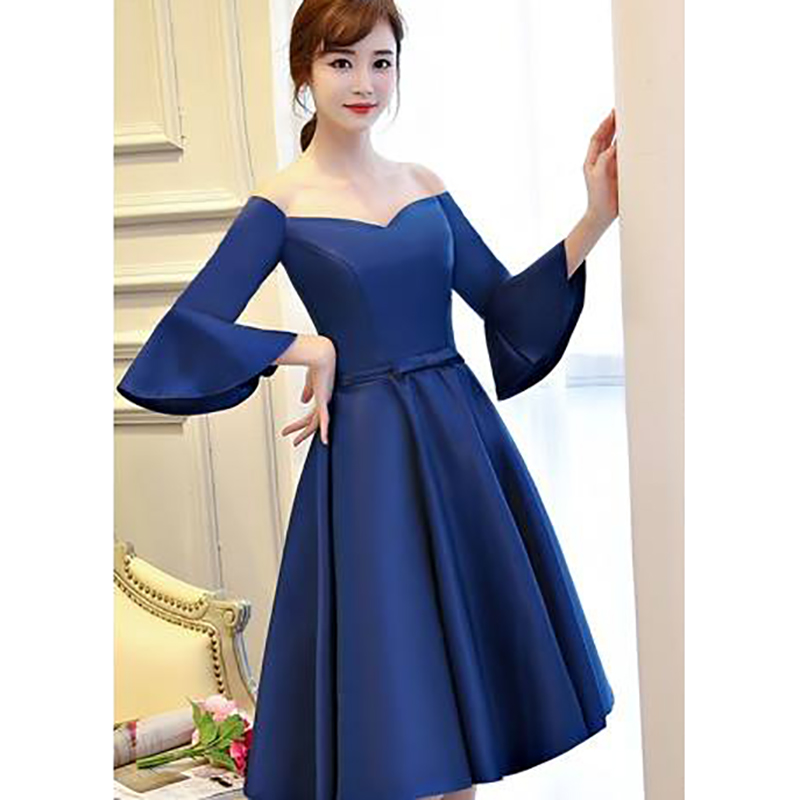 kudapy ชุดเดรสออกงานสีน้ำเงิน ดีไซน์สวย เปิดไหล่ แขนยาวสี่ส่วน ปลายแขนระบาย