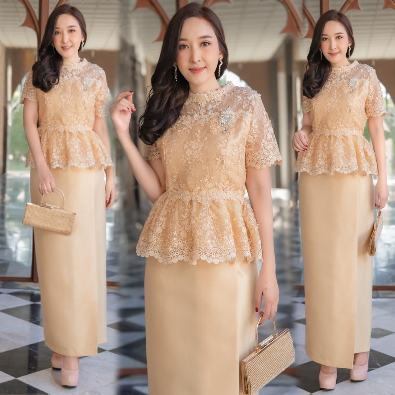 kudapy ชุดเสื้อ+กระโปรง ตัวเสื้อเป็นลูกไม้ใยบวบดอกนูนปักดิ้น แขนสั้นแต่งระบายที่เอว กระโปรงผ้สไหมญี่ปุ่นเนื้อทรายแบบพับทบสำเร็จมีชิปหลัง