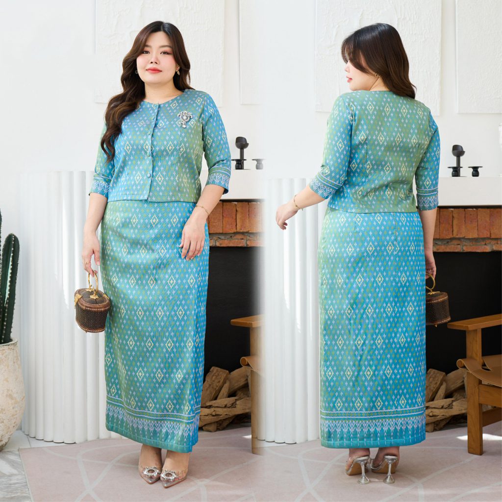 kudapy เซ็ตเสื้อผ้าไหมสีเขียวน้ำทะเล ชุดไทยเรือนต้น คอกลม แขนสามส่วน ลายจันทร์วาด