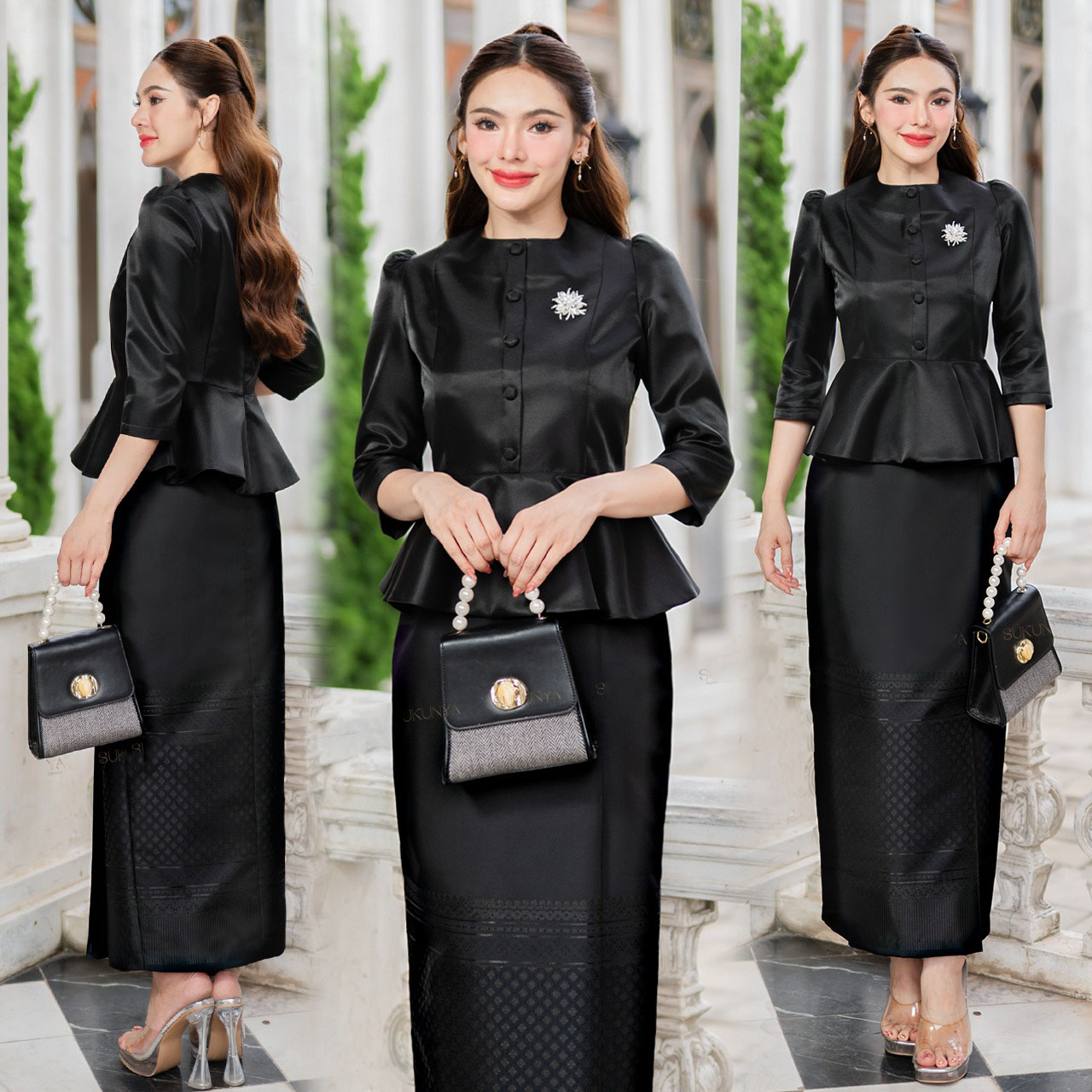 kudapy ชุดเซ็ทงานเสื้อผ้าไหมจิตรลดา คอกลม แขนทรงกระบอก แต่งกระดุมหน้า เอวระบาย อัดกาวบุซับในอย่างดี ใส่สบาย มาพร้อมซิปซ่อนหลังรูดง่าย