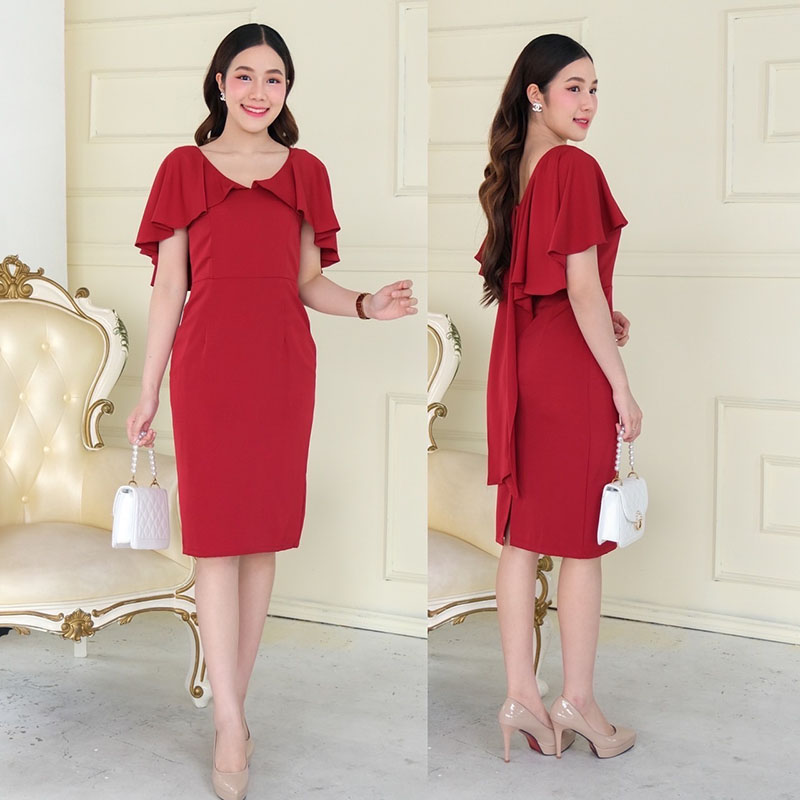 kudapy เดรสสั้นสีแดง/สีกรมท่า/สีส้มอิฐ /สีชาไทย คอวี ระบายบ่าไล่ระดับ พรางแขนทรงสุภาพ ใส่ได้หลายโอกาส