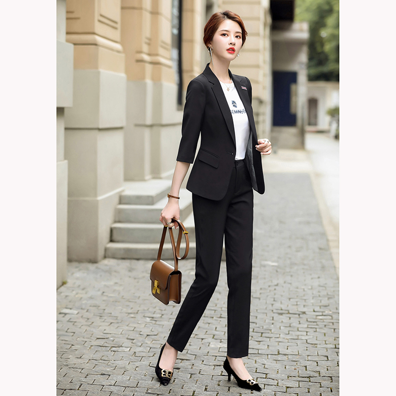 kudapy ชุดสูททำงานผู้หญิงสีดำแขนสามส่วนพร้อมกางเกง