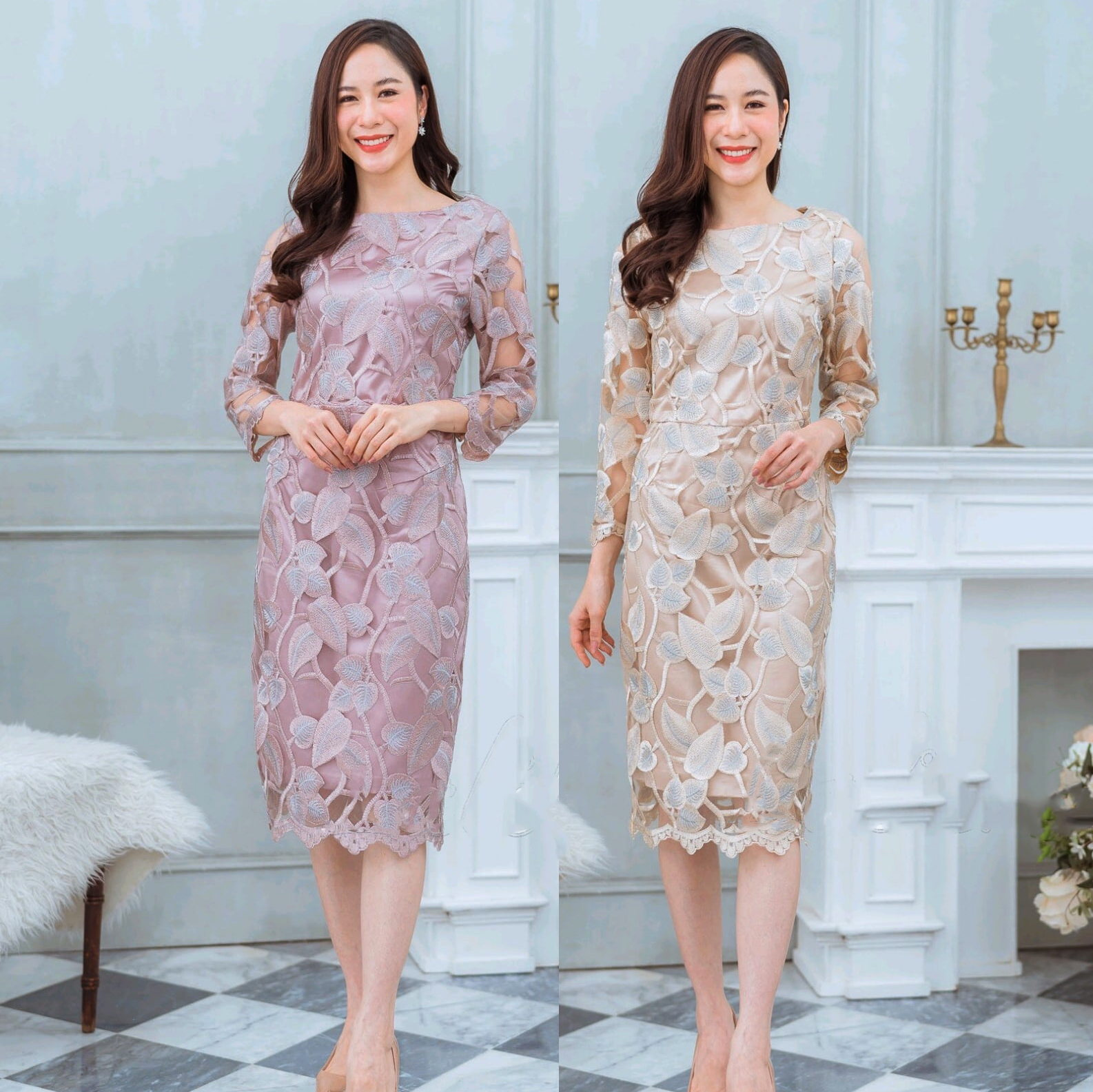 kudapy เดรสสั้นผ้าลูกไม้ปักลายนูน สีชมพู/สีครีมทอง คอกลมแขนยาวซับในซาติน ซิบหลังอย่างดี