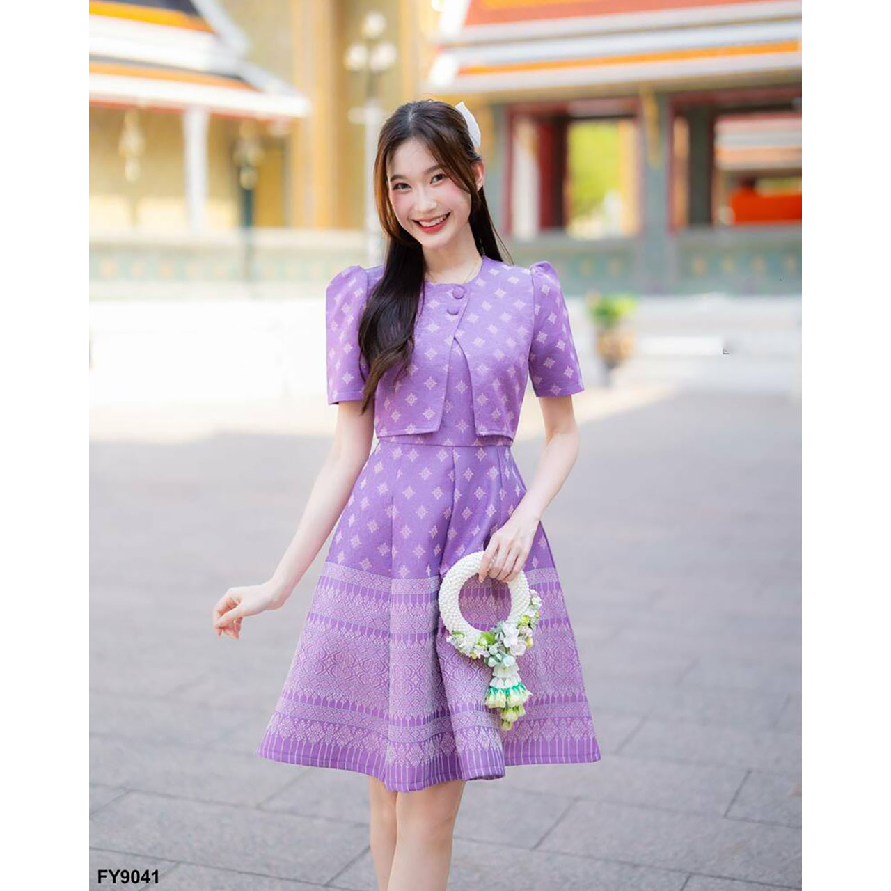 kudapy เดรสสั้สนสีม่วง/สีเหลือง ผ้าไทยกั๊กกระดุม 2 เม็ดกระโปรงบาน