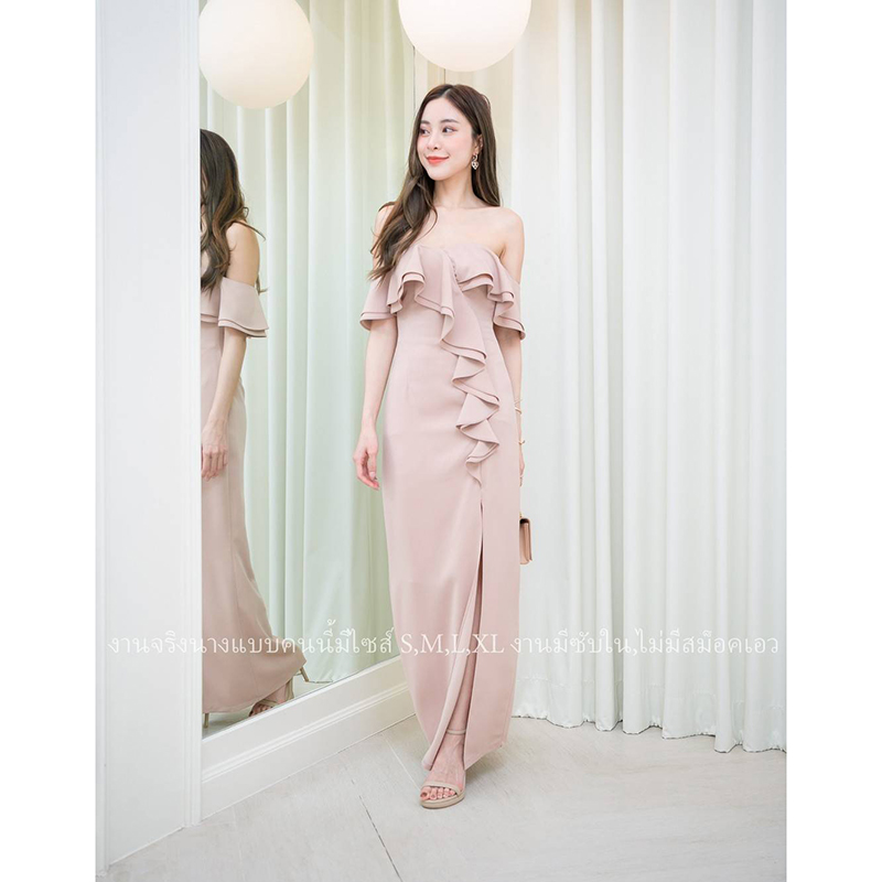 kudapy เดรสยาวสีน้ำตาลอิฐ/สีโอวัลติน สวยออกงาน ปาดไหล่ระบาย2ชั้น ทรงสวยออกงานเริ่ดดๆ ผ้าเนื้อดีมีซับใน